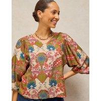 White Stuff Cotton Blend Printed V-Neck Blouse Green Mix