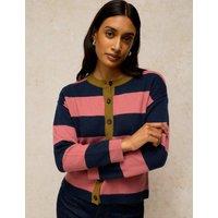 White Stuff Wool Blend Striped Crew Neck Cardigan Pink Mix