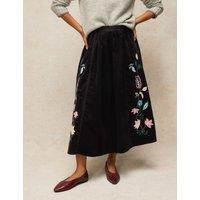 White Stuff Corduroy Embroidered Midaxi A-Line Skirt Black Mix