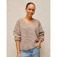 White Stuff Spacedye V-Neck Jumper with Wool Natural Mix