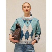 White Stuff Argyle Checked Cardigan with Wool Blue Mix