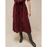 White Stuff Corduroy Embroidered Midi A-Line Skirt Dark Red