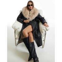 River Island Faux Fur Belted Trench Coat Black