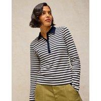 White Stuff Cotton Rich Ribbed Striped Collared Top Navy Mix