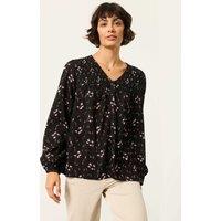 FatFace Floral V Neck Button Detail Blouse Black Mix