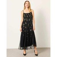 FatFace Beaded Square Neck Strappy Maxi Tea Dress Black Mix