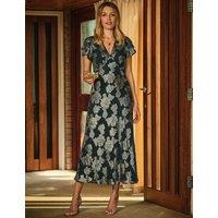 FatFace Metallic Floral V-Neck Midaxi Tea Dress Teal Mix