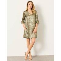 FatFace Metallic V-Neck Frill Cuff Mini Shift Dress Gold
