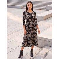 Roman Floral Round Neck Midi Skater Dress Black