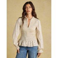 Joules Long Sleeve Floral Smocked Blouse Cream Mix