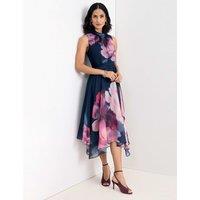 Phase Eight Floral High Neck Midi Waisted Dress Navy Mix