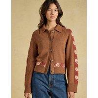 Joules Cotton Rich Embroidered Collared Cardigan Brown