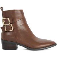 Dune London Leather Buckle Block Heel Ankle Boots Brown