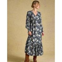 Joules V Neck Long Sleeve Printed Midi Dress Navy Mix