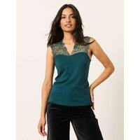 FatFace Pure Cotton V-Neck Lace Detail Top Teal