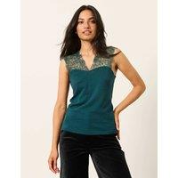 FatFace Pure Cotton V-Neck Lace Detail Top Teal