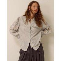 Monsoon Cotton Rich Striped High Neck Shirt with Linen Ivory Mix