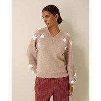 Monsoon Embroidered V Neck Jumper Beige Mix