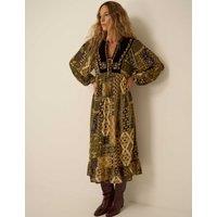 Monsoon Printed V Neck Midi Smock Dress Khaki Mix