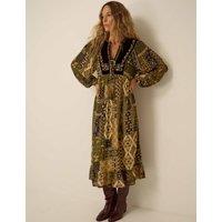Monsoon Printed V Neck Midi Smock Dress Khaki Mix