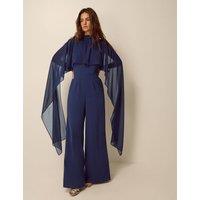 Monsoon High Neck Cape Detail Waisted Jumpsuit Navy