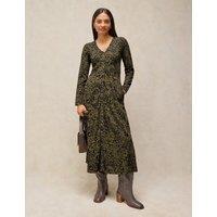 White Stuff Reese Pure Cotton Button Through V Neck Midi Dress Green Mix
