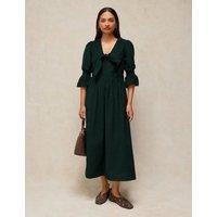 White Stuff Maisie Pure Cotton Patterned Tie Neck Knotted Midi Dress Green