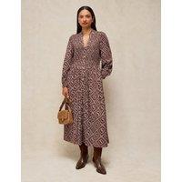 White Stuff Cotton Blend Shirred Notch Neck Midi Dress Brown Mix