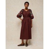White Stuff Pure Cotton Embroidered V Neck Midi Dress Brown
