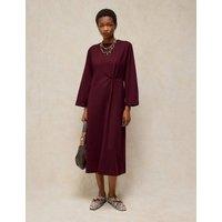 White Stuff Pure Cotton Crew Neck Midi Twist Dress Plum