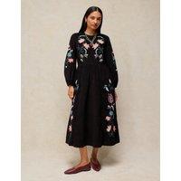 White Stuff Wren Embroidered Cotton Midi Dress Black Mix