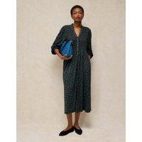 White Stuff Ada Cotton Blend Shirred Notch Neck Midi Dress Black