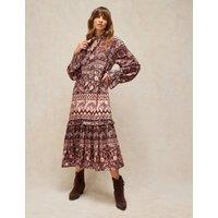 White Stuff Kalia Tie Neck Knee Length Tea Dress Brown Mix