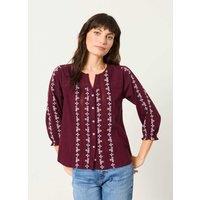 FatFace Embroidered V Neck Cotton Blouse Burgundy Mix