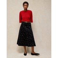 White Stuff Patterned Cotton Flared Midi Skirt Black Mix
