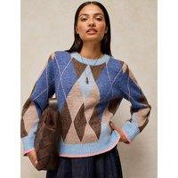 White Stuff Patterned Crew Neck Knit Jumper Blue Mix