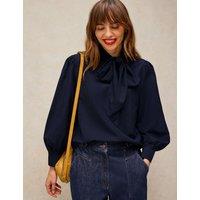 White Stuff Fleur Tie Neck Long Sleeve Cotton Blouse Dark Navy