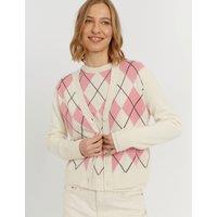 Chinti & Parker Wool Rich Argyle Crew Neck Cardigan with Cashmere Pink