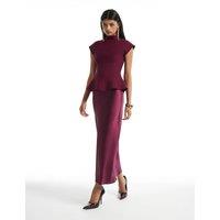 River Island Pure Cotton Knitted High Neck Midaxi Peplum Dress Burgundy Mix