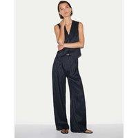 Jigsaw Linen Blend Pinstripe Pleat Front Wide Leg Trousers Navy Mix