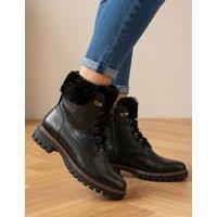 Jones Bootmaker Leather Faux Fur Trim Block Heel Round Toe Ankle Boots Black