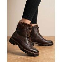 Jones Bootmaker Leather Faux Fur Trim Block Heel Round Toe Ankle Boots Brown