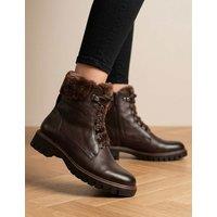 Jones Bootmaker Leather Faux Fur Trim Block Heel Round Toe Ankle Boots Brown
