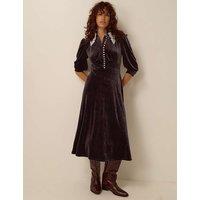 Monsoon Velvet Lace Collar Midi Dress Chocolate