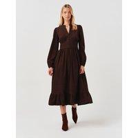 Ghost Cotton Corduroy Frilled Collar Midi Dress Brown