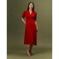 Ghost Velvet V-Neck Puff Sleeve Midi Dress Red