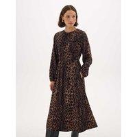 HUSH Chiffon Animal Print Gathered Midi Waisted Dress Brown Mix