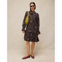 White Stuff Printed Tie Neck Midi Tea Dress Navy Mix