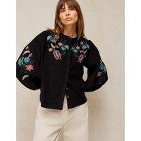 White Stuff Wren Pure Cotton Printed Notch Neck Blouse Black Mix