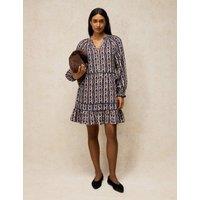 White Stuff Printed Notch Neck Knee Length Swing Dress Brown